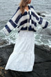 Heididress Lantern Sleeves Button Down Color Block Stripes Sweater with Scarf