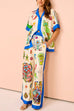 Heididress Graffiti Print Short Sleeves Blouse Shirt Drawstring Waist Wide Leg Pants Satin Set