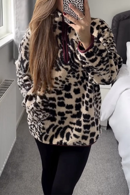 Quarter Zip Up Leopard Print Fleece Top