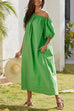 Heididress Off Shoulder Puff Sleeves Pocketed Baggy Midi Dress