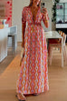 V Neck Short Sleeves Backless Printed Maxi Dress