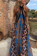 V Neck Spaghetti Strap Contrast Print Swing Maxi Dress