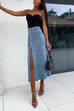 Heididress Button Down Slit Midi Denim Skirt