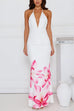 Heididress Halter V Neck Backless Ruched Flower Print Maxi Dress