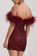 Heididress Off Shoulder Feather Trim Sequin Mini Party Dress