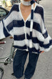 Heididress Lantern Sleeves Button Down Color Block Stripes Sweater with Scarf