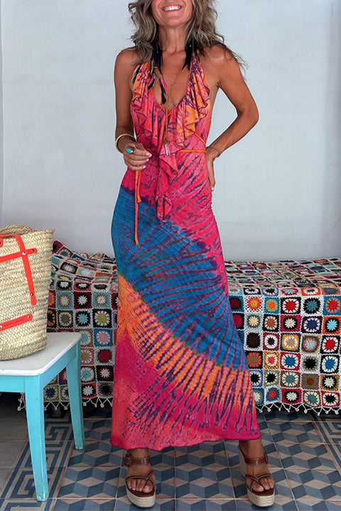 Heididress Ruffle Trim Halter Lace-up Backless Tie Dye Maxi Dress