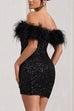 Heididress Off Shoulder Feather Trim Sequin Mini Party Dress