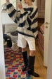 Heididress Lantern Sleeves Button Down Color Block Stripes Sweater with Scarf