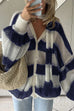 Heididress Lantern Sleeves Button Down Color Block Stripes Sweater with Scarf