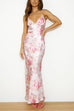 V Neck Open Back Floral Print Satin Maxi Cami Dress