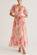 V Neck Puff Sleeves Ruched Waist Printed Maxi Dress