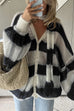 Heididress Lantern Sleeves Button Down Color Block Stripes Sweater with Scarf