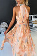 Halter Bow Neck Backless Beck Print Swing Maxi Dress