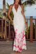 Heididress Halter V Neck Backless Ruched Flower Print Maxi Dress