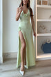 Heididress Halter V Neck Backless Slit Rose Applique Knit Maxi Dress