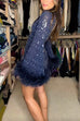 Heididress Stand Collar Feather Trim Sequin Mini Party Dress