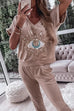 Heididress Sequin Pattern V Neck Short Sleeve Top with Pocketed Pants Casual Set