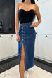 Heididress Button Down Slit Midi Denim Skirt