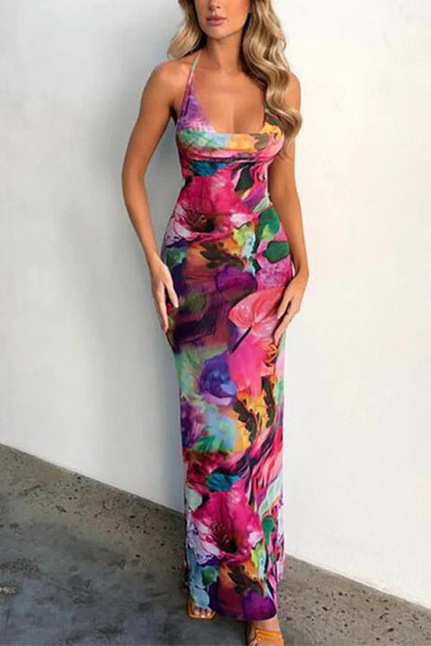 Heididress Halter Open Back Printed Stretchy Maxi Bodycon Dress