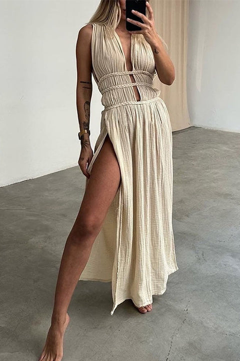 Heididress Deep V Neck Cut Out High Slit Cotton Linen Maxi Beach Dress