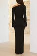 Asymmetric Off Shoulder Long Sleeves Maxi Bodycon Dress(in 2 Colors)