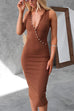 V Neck Sleeveless Button Down Back Slit Bodycon Midi Dress