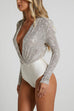 Heididress Wrap Deep V Neck Long Sleeves Sequin Bodysuit