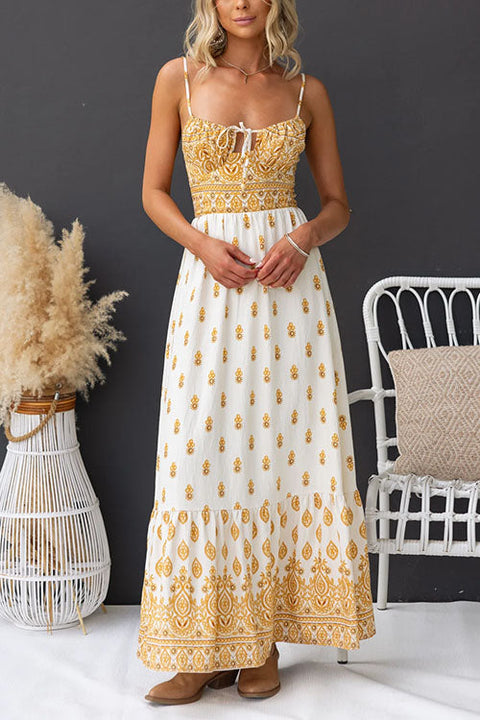 Spaghetti Strap Lace-up Printed Maxi Holiday Dress