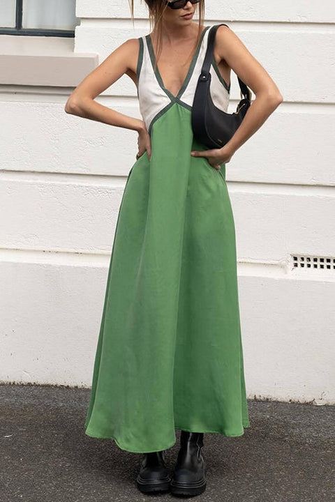 Heididress V Neck Color Block Sleeveless Maxi Swing Dress