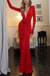 Deep V Neck Rose Applique Maxi Evening Dress