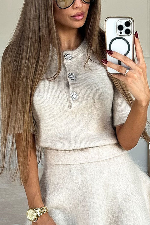 Heididress Crewneck Short Sleeves Button Up Sweater