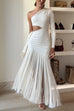 One Shoulder Cut Out Drape Fringed Maxi Dress