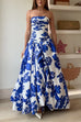 Strapless Ruched Bodice Full Skirt Floral Print Maxi Dress