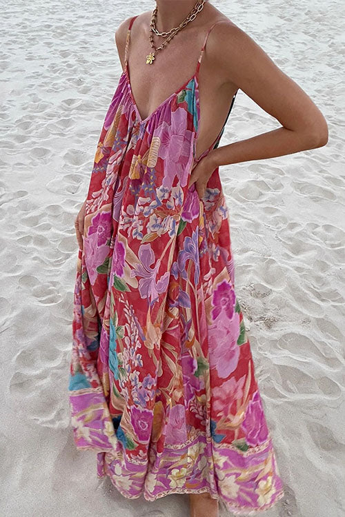 Heididress V Neck Spaghetti Strap Backless Floral Print Maxi Vacation Dress