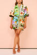 Heididress Lantern Sleeves Tie Waist Cotton Linen Resort Print Shirt Dress