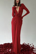 Deep V Neck Rose Applique Maxi Evening Dress