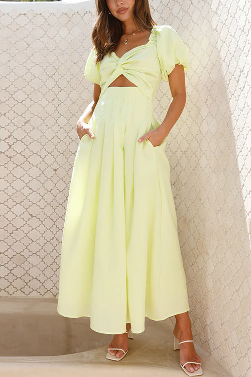 Heididress Puff Sleeves Twist Front Cut Out Swing Maxi Dress