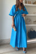 Elegant V Neck High Waist Ruched Swing Maxi Dress