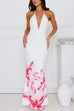 Heididress Halter V Neck Backless Ruched Flower Print Maxi Dress