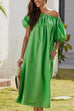 Heididress Off Shoulder Puff Sleeves Pocketed Baggy Midi Dress