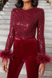 Heididress Feather-Paneled Long Sleeves Bell Bottoms Sequin Jumpsuit