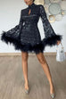 Heididress Stand Collar Feather Trim Sequin Mini Party Dress