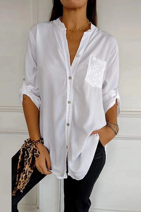 Heididress Rolled Up Sleeves Button Down Sequin Splice Blouse Shirt