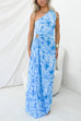 One Shoulder Drawstring Cut Out Pleated Swing Maxi Print Dress