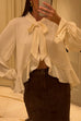 Bow Neck Long Sleeves Ruffle Trim Top