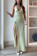 Heididress Halter V Neck Backless Slit Rose Applique Knit Maxi Dress