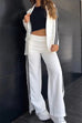 Heididress Color Block Open Front Blazer Elastic Waist Slit Wide Leg Pants Set