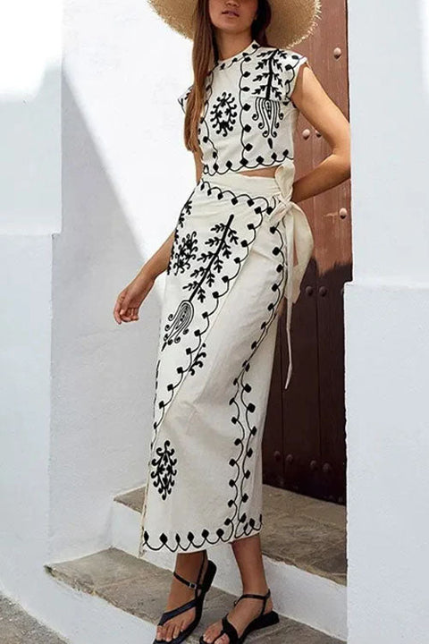 Heididress Printed Cap Sleeves Crop Top Tie Waist Maxi Wrap Skirt Set