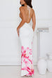 Heididress Halter V Neck Backless Ruched Flower Print Maxi Dress